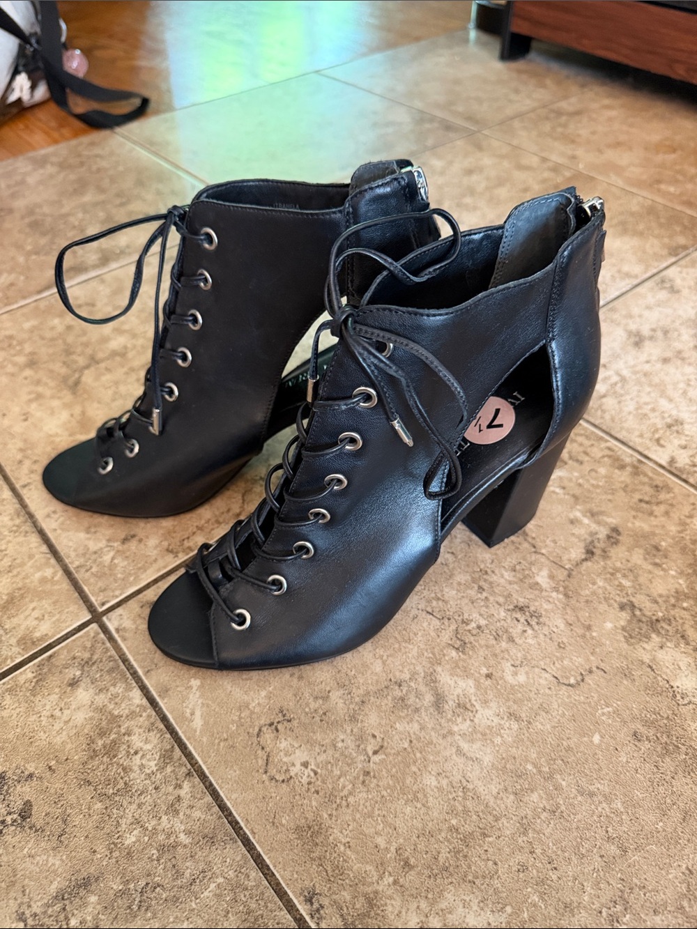 Stellah Black Lace-Up Peep-Toe Block Heel Ankle Boots